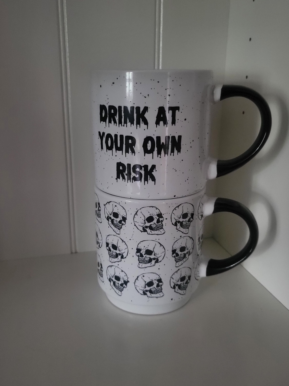 Drink At Your Own Risk White & Black Skull Ceramic Mug Set